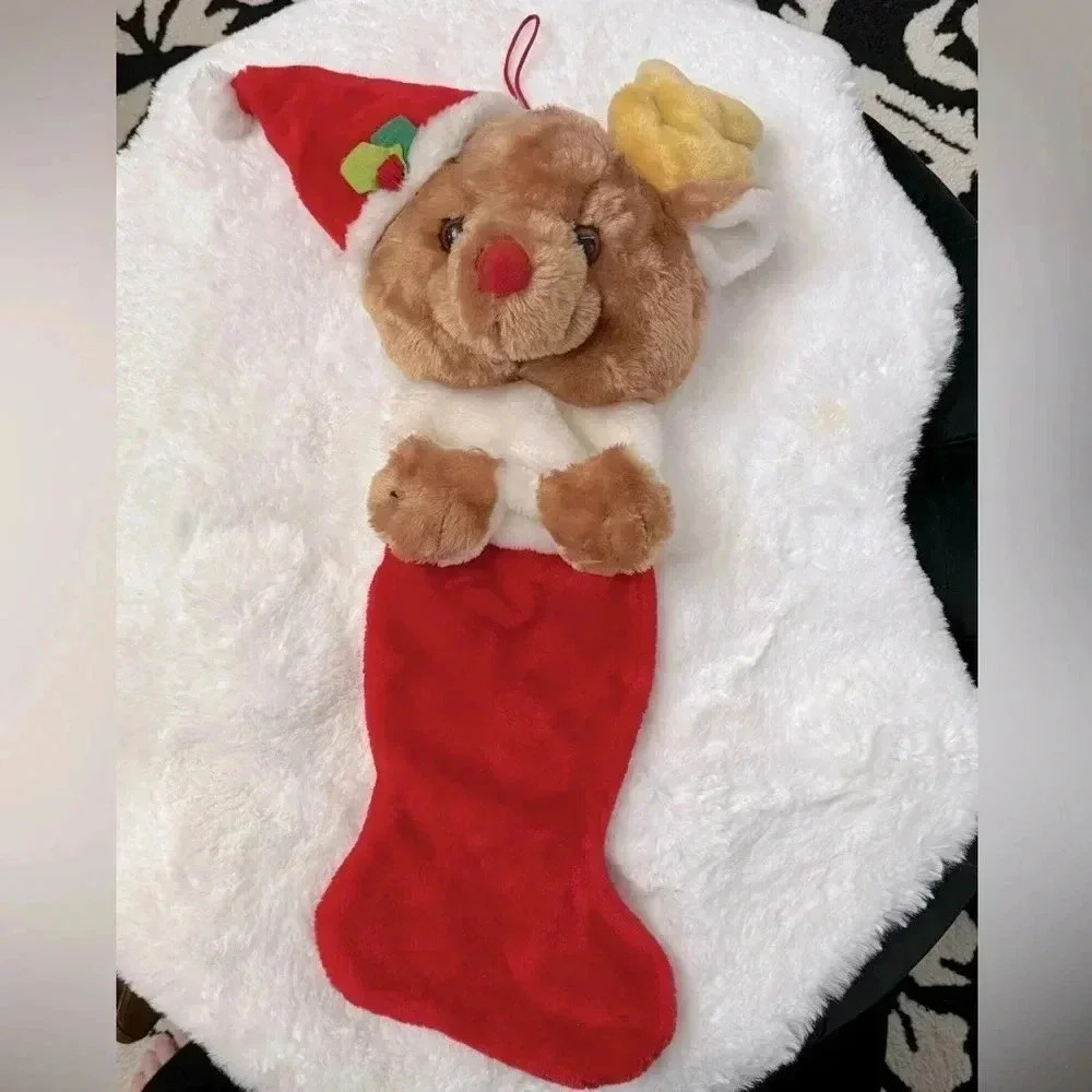 Vintage Christmas Stocking Teddy Bear Santa Hat Reindeer 80’s 90’s Cute Gift - Picture 1 of 11